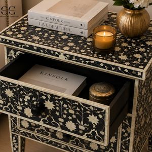 Bone Inlay Solid Wood Traditional Design Luxury Two-Drawer Nightstand with Floral Pattern for Bedroom - Product Image 4