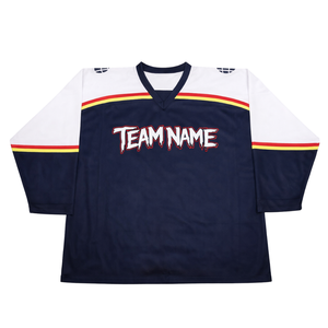 เสื้อฮอกกี้น้ำแข็งแบบซับลิเมชั่นสั่งทำพิเศษสำหรับผู้ชาย สีกรมท่า-ขาว พร้อมชื่อทีม ชุดยูนิฟอร์มฮอกกี้ ระบายอากาศได้ดี เสื้อฮอกกี้สำหรับนักกีฬา - Product Image 1