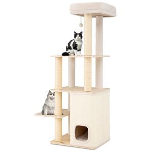 Arbre à chat en bois de 63 pouces avec condo à 2 étages, 5 poteaux à gratter en sisal, capacité de 44 lb par niveau, griffoir intérieur en bambou - Product Image 2