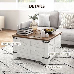 Tavolo da caffè quadrato bianco della fattoria con coperchi ribaltabili nascosti per il soggiorno - Product Image 6