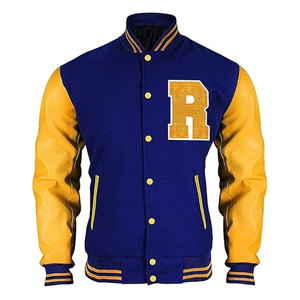 Veste universitaire unisexe bleu et jaune, style baseball, avec patch brodé R, style universitaire classique, en toile, col montant - Product Image 1