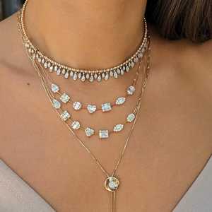 Multi-Shape Cluster Diamond Station Necklace 14K 18K <b>Solid</b> <b>Gold</b> Pave Set Lobster Clasp Layering Luxury Wedding Jewelry <b>Pendant</b> - Product Image 2
