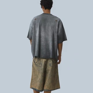 Nueva Camiseta Oversize de Hombre Estilo Streetwear con Hombros Caídos, Lavado Ácido, Vintage, Desgastada, de Corte Holgado, Manga Corta y Cuello Simulado - Product Image 2