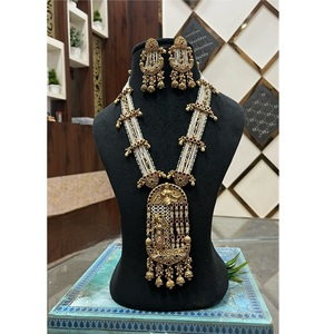Collier Polki antique plaqué or de qualité supérieure avec boucles d'oreilles, ensemble de bijoux imitation perle pour cadeau de mariage, élégant pour les fêtes - Product Image 2