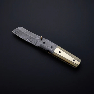 มีดพับเหล็กดามัสกัสทำมือพร้อมด้ามทองเหลือง - Product Image 1