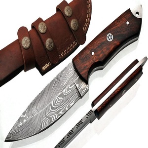Cuchillo de hoja fija de acero de Damasco, punta caída, filo recto, mango de madera, estilo Bowie, para camping al aire libre, OEM - Product Image 1