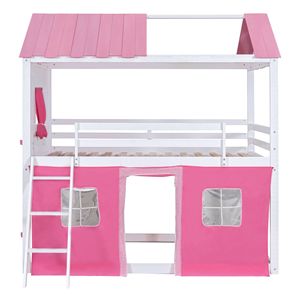Elegante Letto a Castello in Legno Rosa e Bianco con Finestre e Tenda per Bambini - Product Image 4
