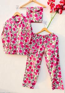 Women Cotton Pajama Set Pink Floral Print Summer Wear Night Suit Soft Breathable Button <b>Down</b> Sleepwear Loungewear Set - Product Image 5