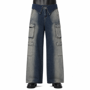 Pantalones Vaqueros Cargo Vintage para Hombre, Lavados, de Pierna Ancha, Corte Holgado, con Múltiples Bolsillos, Estilo Urbano - Product Image 1