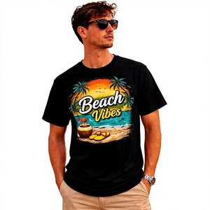 Camiseta Gráfica Negra Oversize para Hombre, Estampado de Atardeceres y Playa, Algodón, Estilo Urbano, Casual, Holgada, con Logo Personalizado - Product Image 1