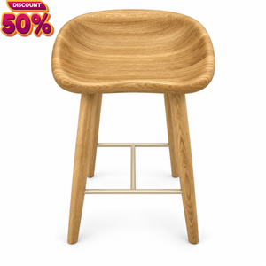 Taburete de Bar Moderno de Roble Blanco Macizo con Asiento Esculpido y Reposapiés de Metal, Silla de Barra Contemporánea de Madera - Product Image 1