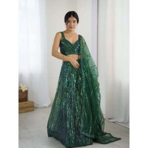 Lehenga Choli indien et pakistanais non cousu, 1400g, avec paillettes vertes et travail de dori, vêtements de fête - Product Image 5