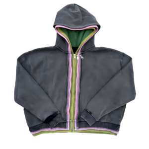 Sudadera con capucha para hombre con cremallera, diseño de paneles de dos colores, estilo moderno, ropa urbana, corte holgado, tela premium, estética minimalista. - Product Image 6
