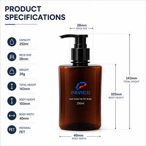 Botella de PET Ámbar de 250 ml con Logotipo Personalizado, Botella Plana para Champú con Bomba, Botella para Loción Corporal, Fábrica en Vietnam - Product Image 6