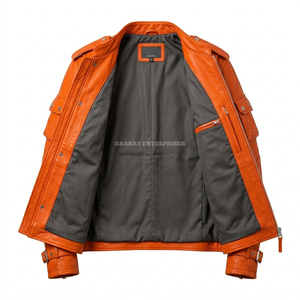 Custom <b>Mens</b> Orange Multi Pocket <b>Utility</b> Leather <b>Jacket</b> Wholesale High Quality Streetwear Outerwear Supplier OEM Manufacture - Product Image 3