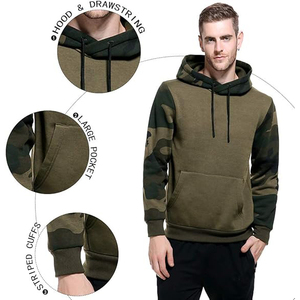 Sweat-shirt à capuche vert olive avec manches camouflage et poche avant, coupe classique, style décontracté, vêtement d'automne - Product Image 3