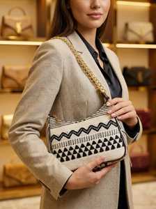 Luxury Geometric Jacquard Crossbody Bag for Women Waterproof Zipper Closure Small Barrel Shape Chain Strap Travel & Daily Use - Product Image 3