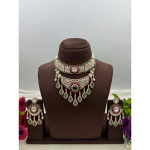 Indian Ethnic Anita Premium Moissanite Gold Plated Steel Bridal Necklace & Earring Set - Product Image 1