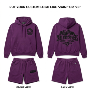 Ensemble sweat à capuche et short pour homme, 320 GSM, tissu polaire en coton premium, violet, logo imprimé personnalisé, streetwear, ensemble assorti sweat à capuche et short - Product Image 1