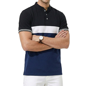 Wholesale Price Men's <b>Grandad</b> Collar Polo <b>Shirt</b> Custom Design Color Block <b>Short</b> <b>Sleeve</b> Contrast Cuff Slim Fit Golf Polo <b>Shirts</b> - Product Image 3