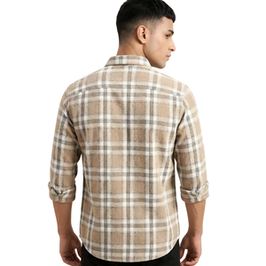 Camisa de Franela a Cuadros Beige y Blanca para Hombre, Manga Larga, con Botones, Informal, de Tela Suave Cepillada, Transpirable, para Uso en Exteriores - Product Image 2