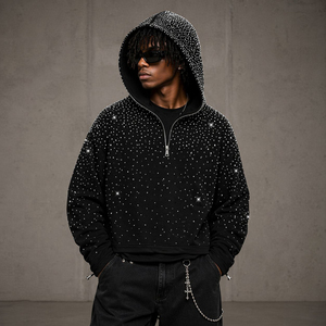 Sweat à capuche zippé mi-long pour homme en molleton bouclette 380-500 g/m² avec strass, coupe ample, personnalisable avec logos sur mesure, style streetwear - Product Image 2