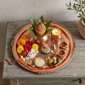 Plateau de service en cuivre gravé fait main, plat décoratif en cuivre, thali de Puja, assiette de présentation vintage, décoration de mariage, cadeau en gros - Product Image 4