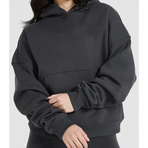 Sudadera con capucha negra cálida de moda para mujer, con hombros caídos, bordada y con estampado personalizado, 100% algodón polar, talla grande, informal, para invierno, al por mayor - Product Image 1