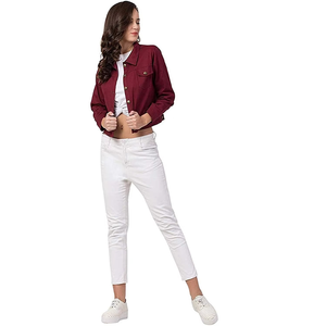 Chaqueta vaquera de algodón de diseño personalizado OEM para mujer, chaqueta corta color granate de lujo, transpirable, en oferta, de buena calidad. - Product Image 4