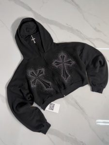 Hot Selling Rhinestone Cross Graphic <b>Cropped</b> Full <b>Zip</b> Hoodie Heavyweight Fleece High Neck Mask <b>Zip</b> <b>Up</b> Streetwear - Product Image 4
