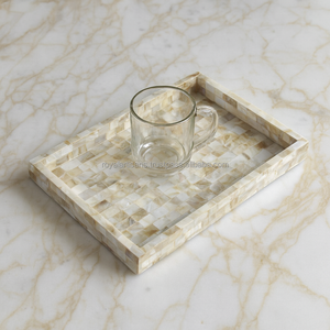 Handmade Mother of Pearl Wood Craft Serving Tray with Acrylic Dish Plates and Coasters Premium Ramadan <b>Eid</b> <b>Gift</b> Set - Product Image 2
