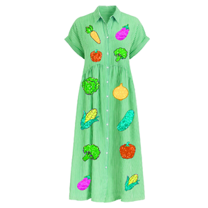 Custom Sequin Green Striped Maxi <b>Shirt</b> Dress With Vegetable Sequined Embroidery <b>Patchwork</b> Short Sleeve Loose Fit Casual Summer - Product Image 1