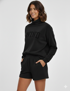 Women's Casual Mock Neck and Shorts <b>Set</b> Fleece Cotton Material Breathable Eco-Friendly Winter Wear - Product Image 6