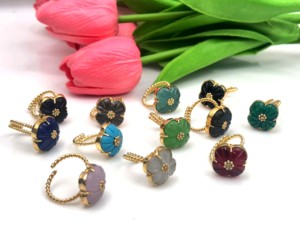 18k Gold Plated Brass Carved Flower Gemstone Classic Bezel Setting <b>Statement</b> <b>Ring</b> for Unisex - Product Image 4