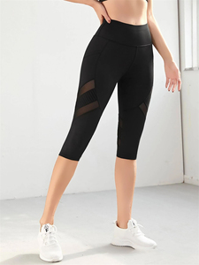 Women's <b>Black</b> Seamless Capri Yoga Pants High Elastic <b>Cropped</b> <b>Leggings</b> Mesh Panels Waist Pocket Casual Fitness Sport Wholesale - Product Image 2