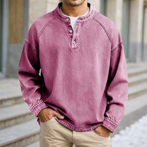 เสื้อโปโลผู้ชายสไตล์วินเทจ คอเฮนลีย์ แขนยาว ติดกระดุม ทรงหลวม สีพื้น ลุคสบายๆ ซักย้อมสีแบบแอซิดวอช ขายส่ง - Product Image 2