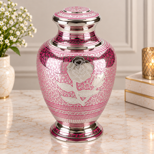Urna Distintiva para Cenizas con Diseño Grabado Ornamentado, Acabado Rosa Plateado, Recuerdo Conmemorativo - Product Image 1