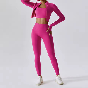 3 Piece Solid Yoga Set Women Crisscross Straps Scoop Neck High Waist Nylon Spandex Gym <b>Workout</b> Outfit Sports Bra Leggings <b>Jacket</b> - Product Image 3