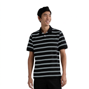 เสื้อโปโลแขนสั้นผู้ชายลายทางถักนิตติ้งลำลองสีดำสีขาวสีเทาทรงปกติ - Product Image 3