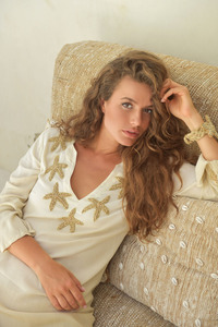 2024 Classic Collection Sexy Boho Bra Style Women's Long-Sleeve Rayon Crepe Breathable Tunic <b>Tops</b> Hand Beaded Front Logo Black - Product Image 3