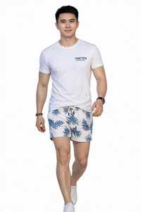 ชุดลำลองฤดูร้อนสำหรับผู้ชาย เสื้อยืดคอกลมสีขาวและกางเกงขาสั้นลายใบปาล์มสีน้ำเงินจาก ONETEN Apparel - Product Image 5