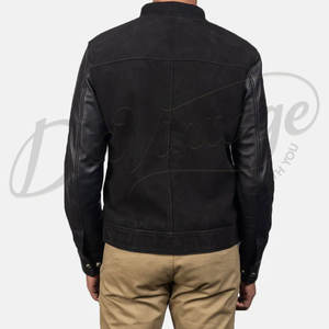 Chaqueta bomber de gamuza negra para hombre con mangas de cuero genuino, estilo híbrido ajustado, estilo motociclista, con cremallera, estilo universitario. - Product Image 2