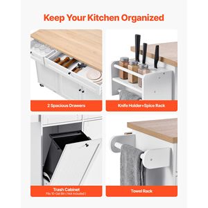 Carrello da Cucina in Marmo e Rovere da 60 Pollici con Piano Ribaltabile, 2 Cassetti, Contenitore per Rifiuti e Portacoltelli - Product Image 2