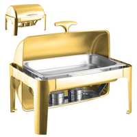 Bol de service doré avec couvercle en dôme, base en acier inoxydable, support floral orné, élégant objet de présentation pour buffet