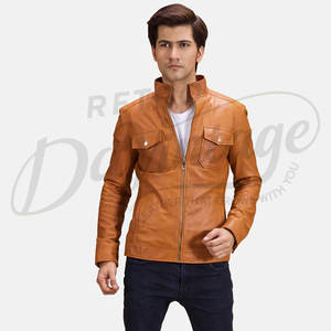 เสื้อแจ็คเก็ตหนังแท้สีน้ำตาลอูฐสำหรับผู้ชาย ทรงเข้ารูป คอตั้ง ซิปหน้า มีกระเป๋าหลายช่อง ผลิตจากหนังแกะแท้ - Product Image 1