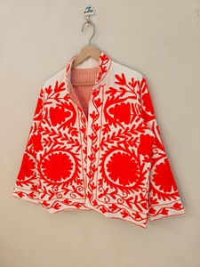 White Cotton Quilted Jacket with Orange Hand Embroidered Suzani Design Floral Folk Art <b>Boho</b> Style Handmade Ethnic Breathable - Product Image 2