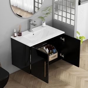 Meuble-lavabo mural noir brillant de 30 pouces avec doubles portes à fermeture douce, crochets et longues poignées métalliques dorées pour une installation facile - Product Image 4