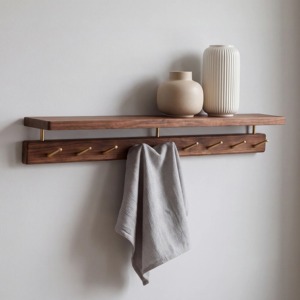 Minimalist Wall Mounted <b>Wooden</b> Hook Rack With 7 Brass Hooks And Shelf For <b>Clothing</b> Storage Space Saving Design - Product Image 5
