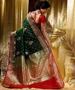 Sari de Seda Verde con Borde Dorado, Vestido de Boda Tradicional Indio, Estilo Banarasi, Largo hasta el Suelo, Sari para Mujer - Product Image 3