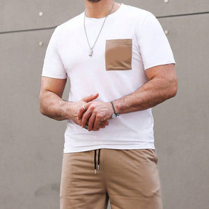 Men's White Cotton T-Shirt With Beige Pocket And Matching Shorts <b>Set</b> Casual Summer Wear Breathable <b>Knitted</b> Fabric - Product Image 3